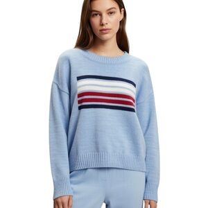 Tommy Hilfiger Blue Thick Knit Sweater with Multicolor Logo Stripes
